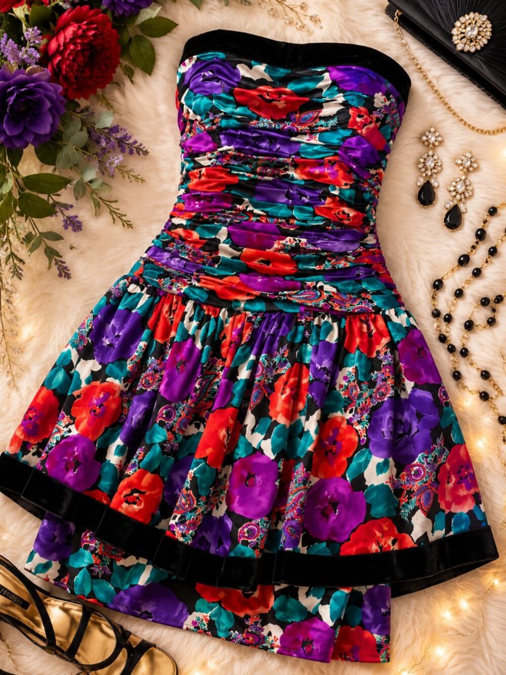 Maggy London Strapless Floral Party Dress in Purple, Red, Teal, Black